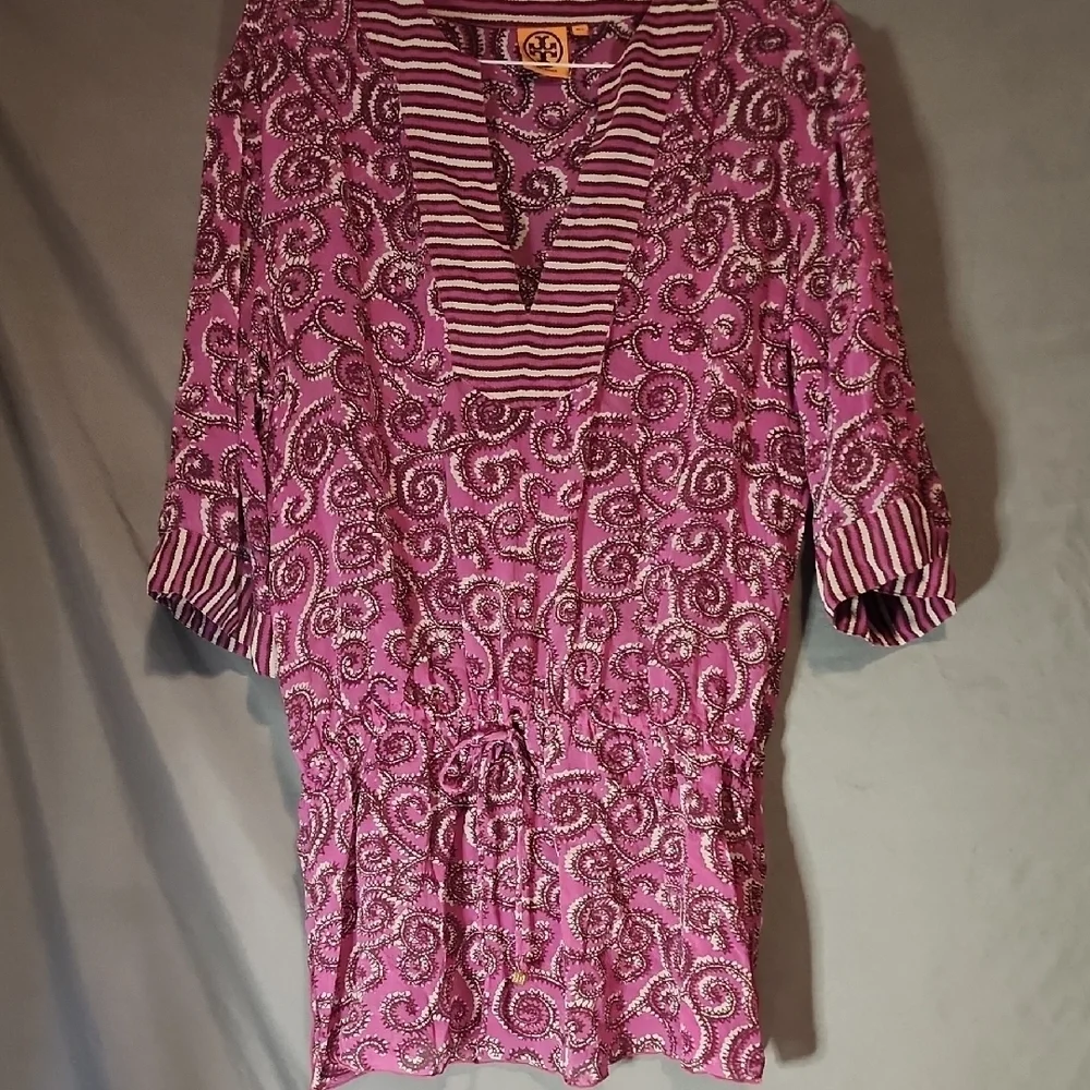 Tory Burch Purple and White Patterned Blouse Or Swim Cover Up